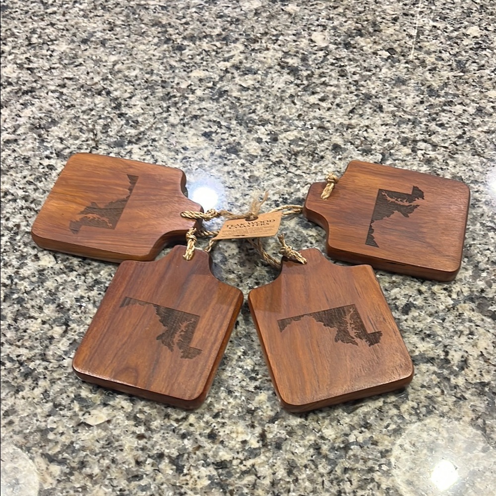 Maryland State Teak Wood Drink Coasters x 4 bar kitchen table glass new